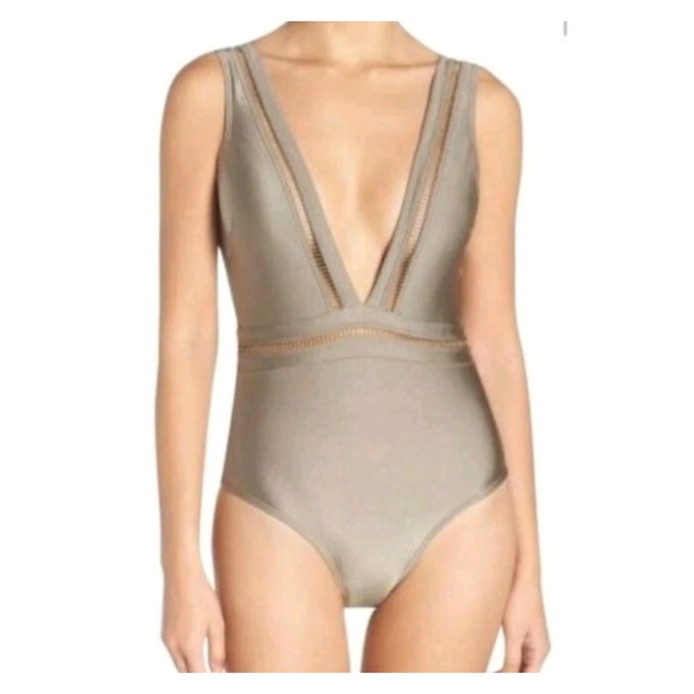 Ted Baker Starza Pointelle Deep V Khaki One Piece Swimsuit NWOT Size 3 8 M